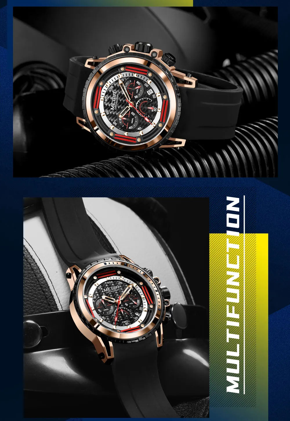 MEGIR Watches for Men Fashion Chronograph Quartz Watch with Silicone Strap Waterproof Sport Wristwatch relogio часы montre reloj
