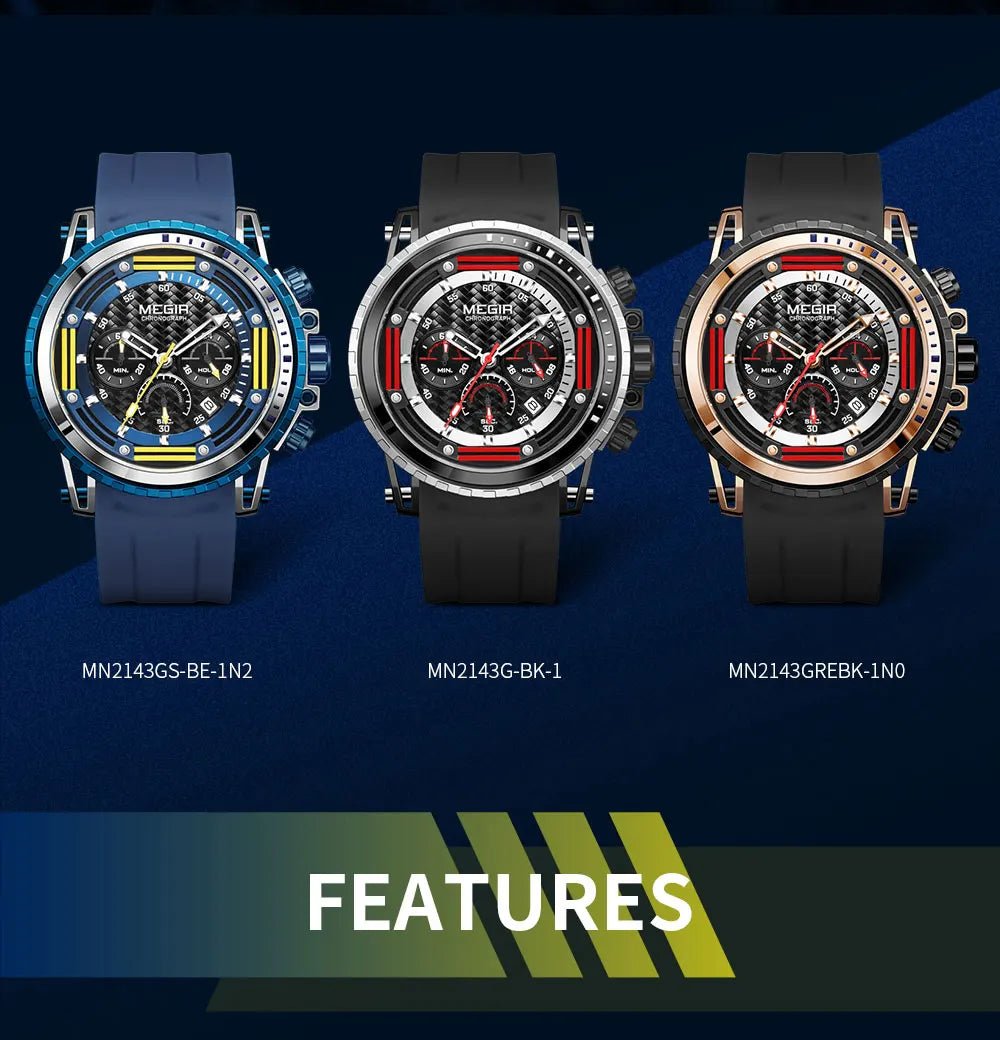 MEGIR Watches for Men Fashion Chronograph Quartz Watch with Silicone Strap Waterproof Sport Wristwatch relogio часы montre reloj