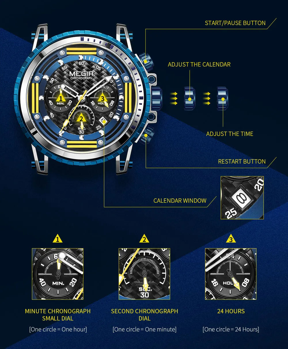 MEGIR Watches for Men Fashion Chronograph Quartz Watch with Silicone Strap Waterproof Sport Wristwatch relogio часы montre reloj