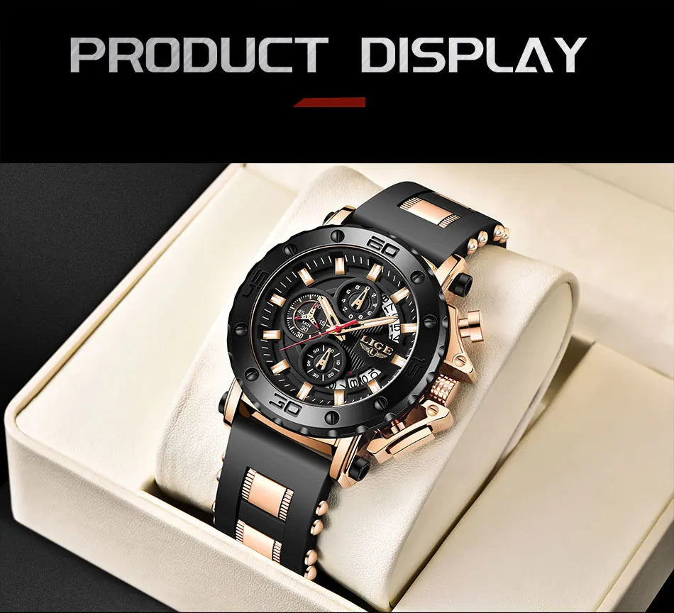 LIGE New Sport Chronograph Mens Watches Top Brand Luxury Full Steel Quartz Clock Waterproof Big Dial Watch Men Montre Homme+Box