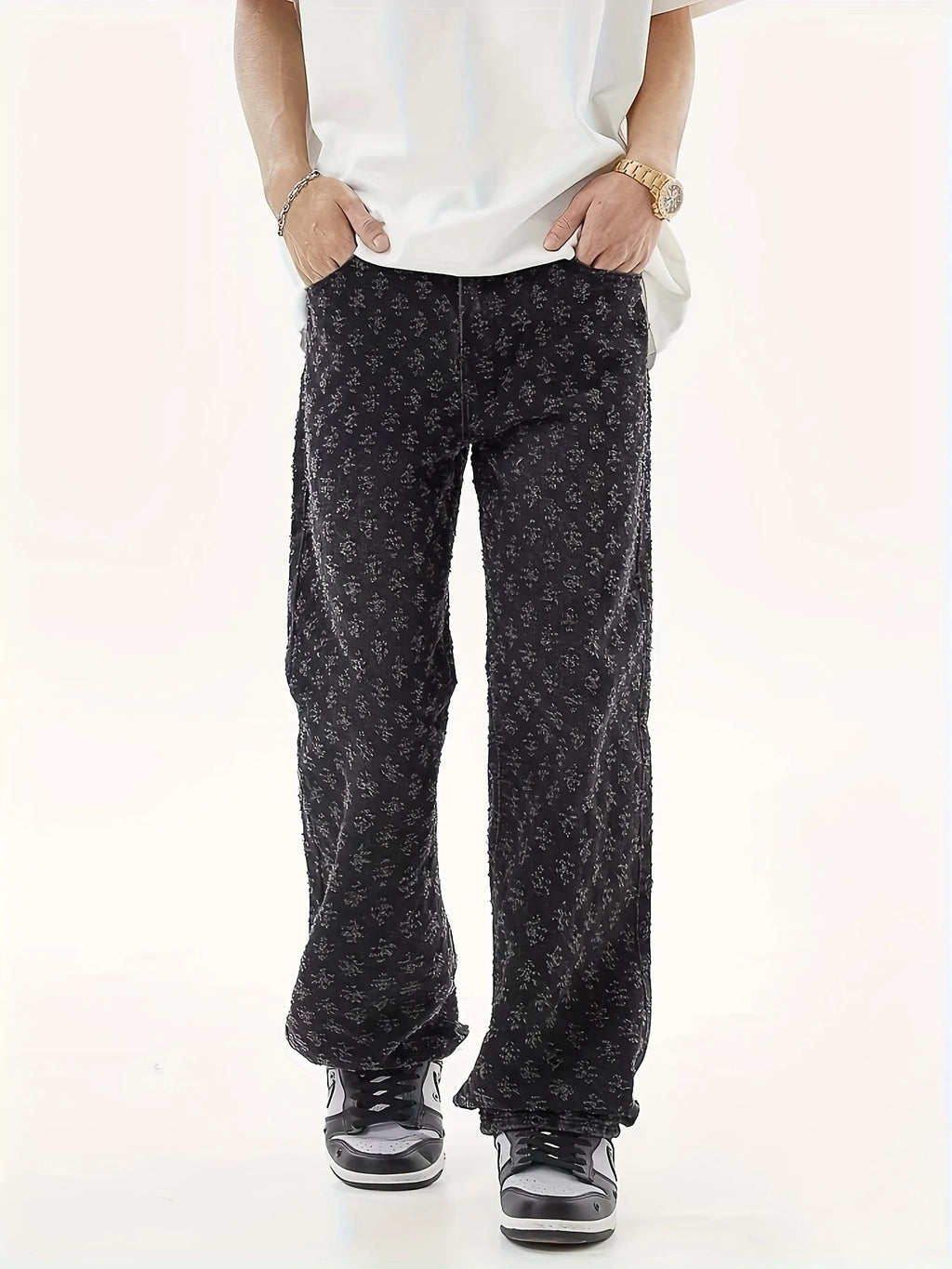 Men's Washed Jeans with Full Print, Summer American Retro Hip-Hop Trendy Brand, Cool Street Style Straight-Leg Flared Pants