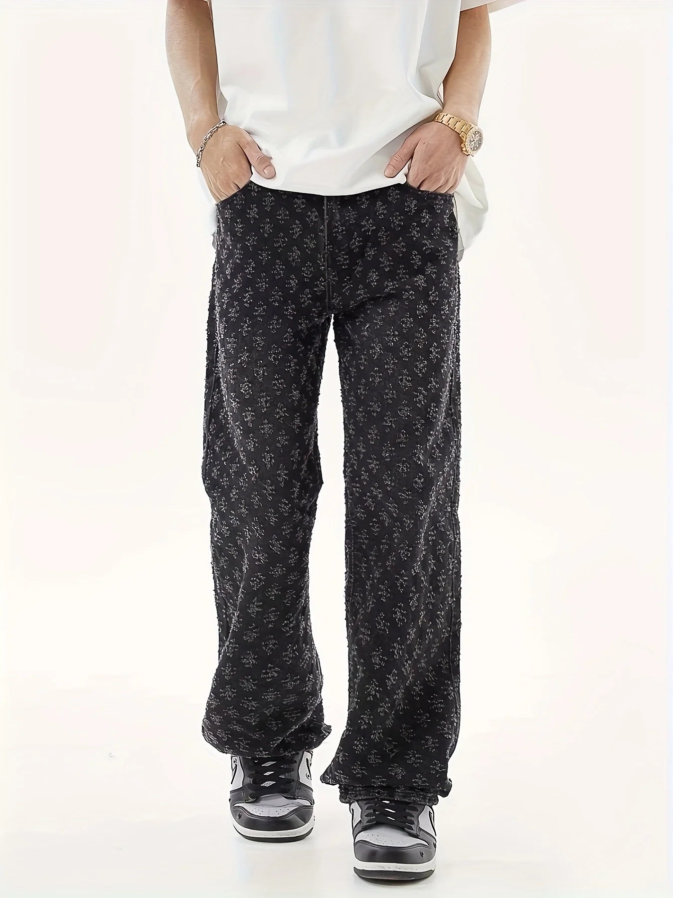 Men's Washed Jeans with Full Print, Summer American Retro Hip-Hop Trendy Brand, Cool Street Style Straight-Leg Flared Pants