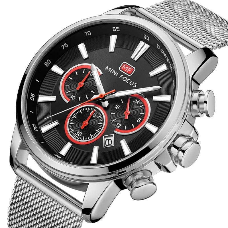Three Sub-dials Six-hand Watch Waterproof Luminous Date Milane Montre De Luxe Homme Quartz Clock Mesh Strap Sports Watch MF0142G