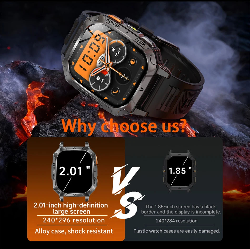 2026 New 2.01" AMOLED Screen Military Grade 1400 mAh Battery Smart Watch Men IP68 Waterproof Sports Fitness BT Call Smartwatches