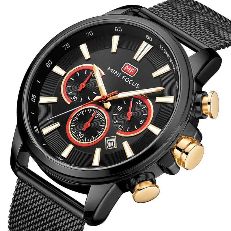 Three Sub-dials Six-hand Watch Waterproof Luminous Date Milane Montre De Luxe Homme Quartz Clock Mesh Strap Sports Watch MF0142G
