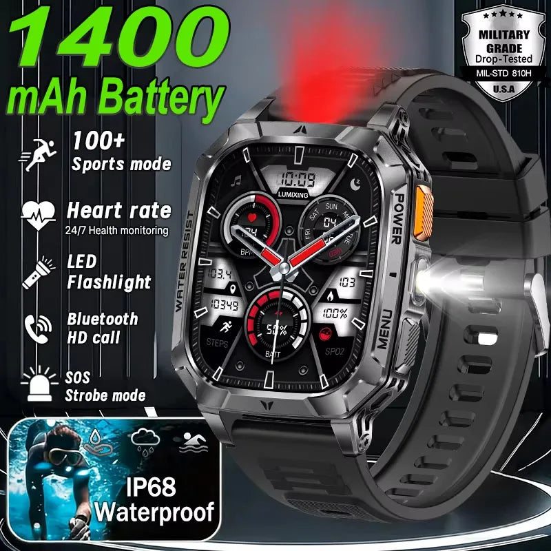 2026 New 2.01" AMOLED Screen Military Grade 1400 mAh Battery Smart Watch Men IP68 Waterproof Sports Fitness BT Call Smartwatches