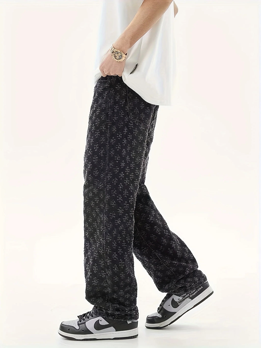 Men's Washed Jeans with Full Print, Summer American Retro Hip-Hop Trendy Brand, Cool Street Style Straight-Leg Flared Pants