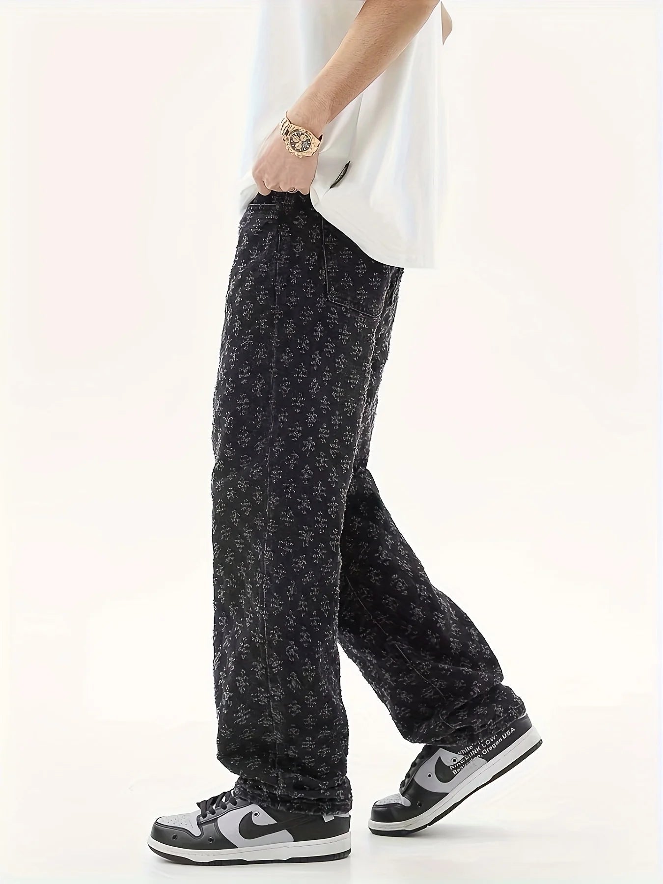Men's Washed Jeans with Full Print, Summer American Retro Hip-Hop Trendy Brand, Cool Street Style Straight-Leg Flared Pants