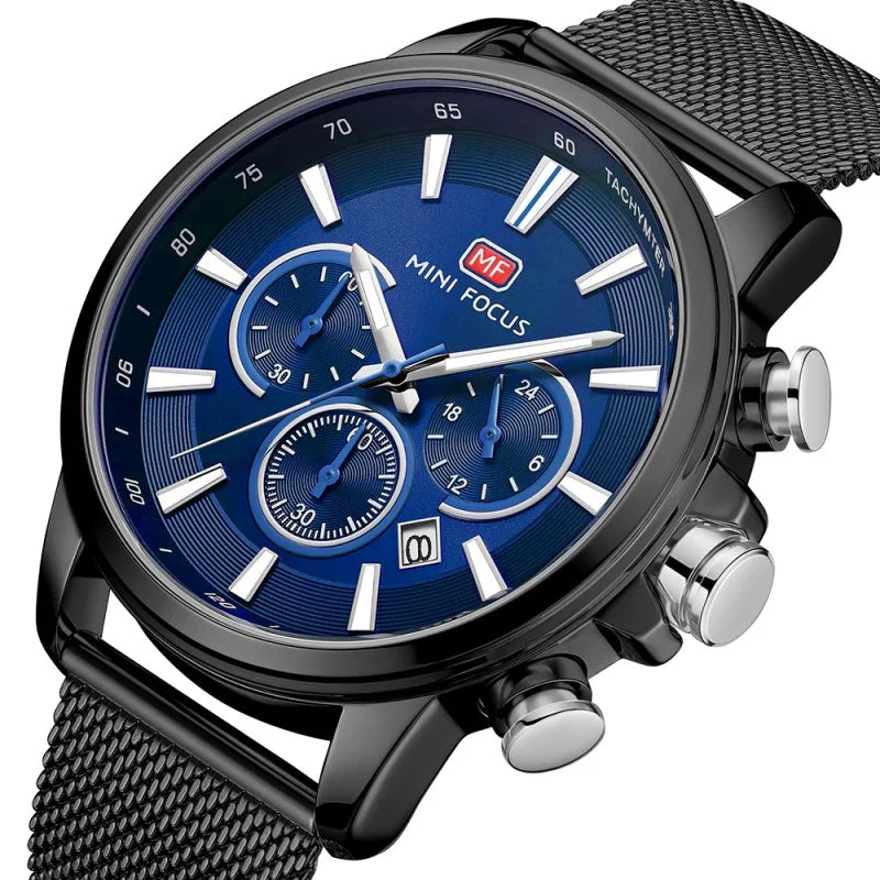 Three Sub-dials Six-hand Watch Waterproof Luminous Date Milane Montre De Luxe Homme Quartz Clock Mesh Strap Sports Watch MF0142G