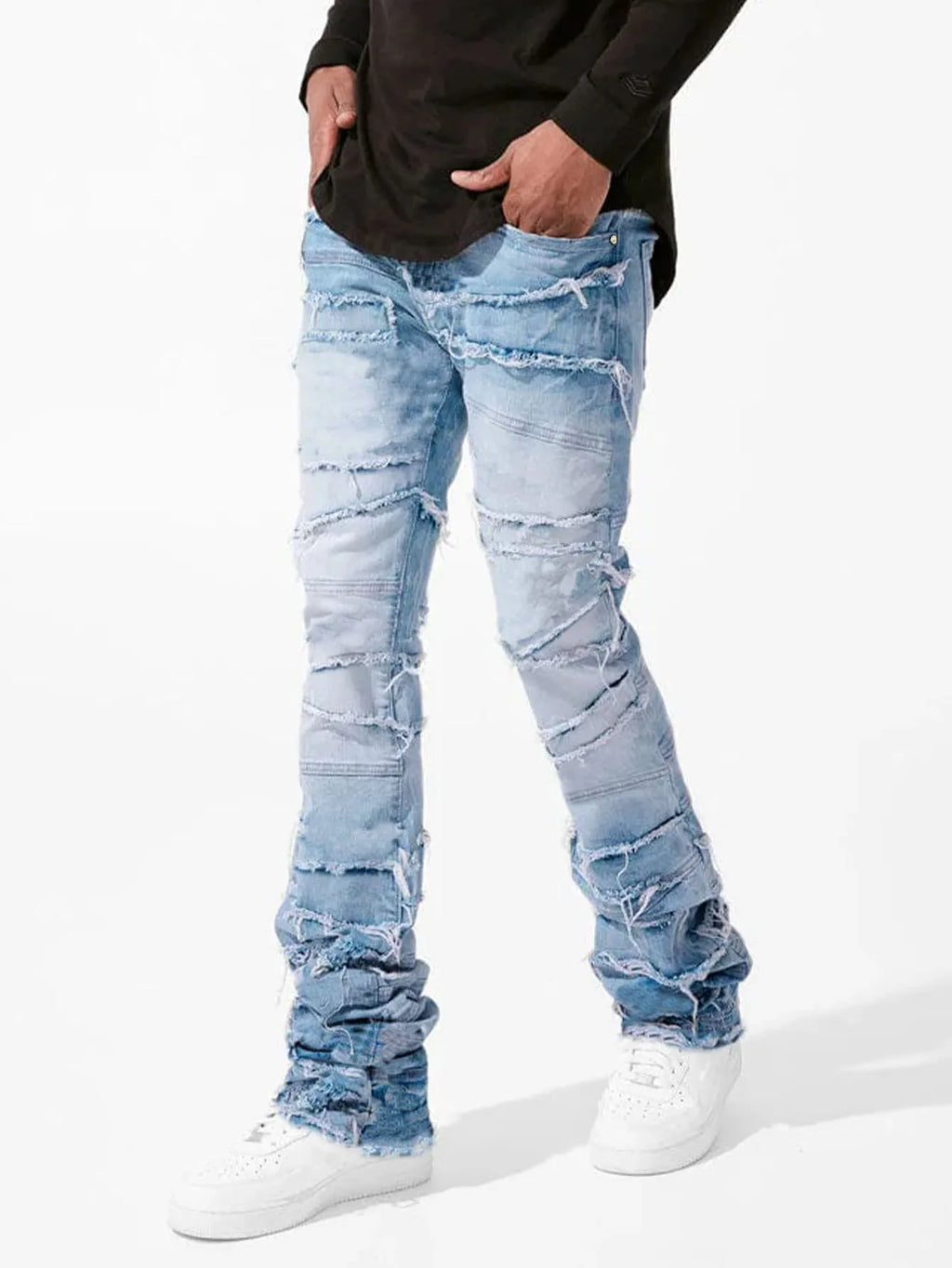 2025 New Flared Jeans Men's Fit Stacked Jeans Ripped Slim Fit Patch Distressed Destroyed Denim Pants Hip Hop Streetwear Trouser