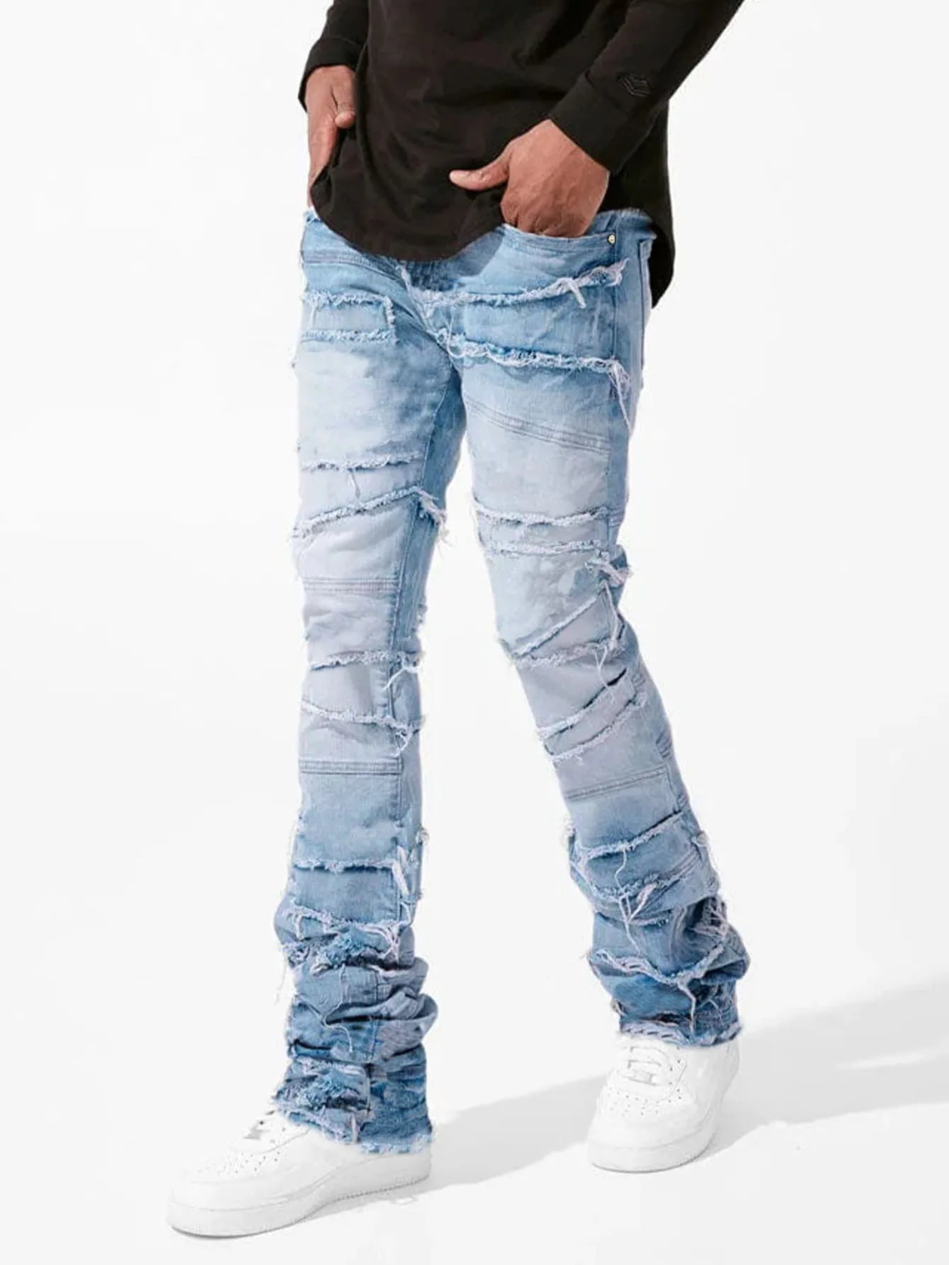 2025 New Flared Jeans Men's Fit Stacked Jeans Ripped Slim Fit Patch Distressed Destroyed Denim Pants Hip Hop Streetwear Trouser
