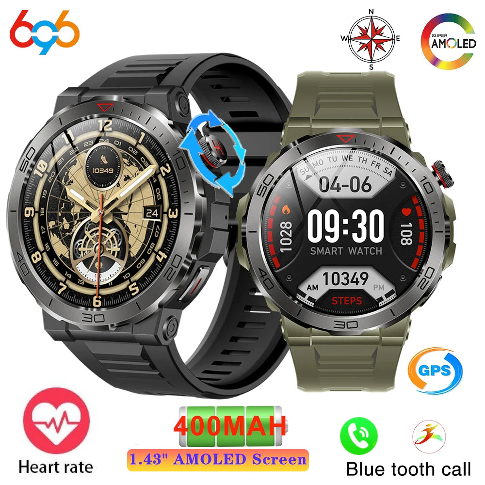 1.43" AMOLED Screen Smart Watch Men Outdoor Sports Compass Watches Blue Tooth Call Health Monitoring IP68 Waterproof Smartwatch