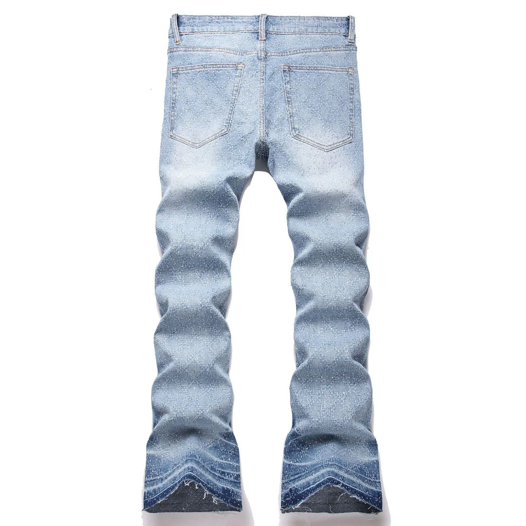 Denim Flare Pants Men Jeans Rhinestones Distressed Mid Waist Vintage Denims Male Washed Trousers Boot Cut 2026 Streetwear
