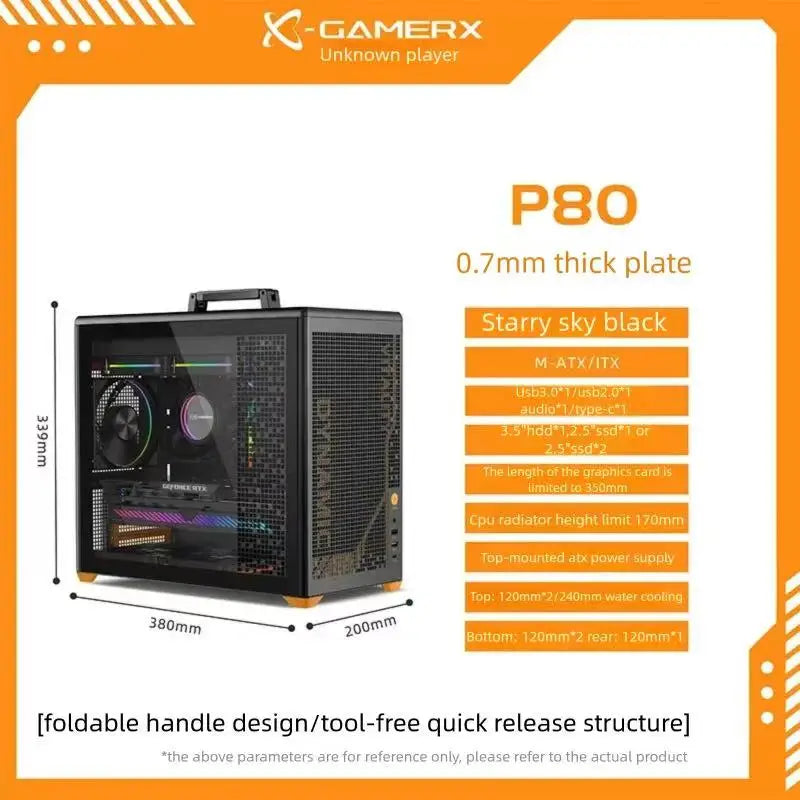 PowerTrain X-GAMERX P80 PC case ITX MATX 240 water cooler gabinetes gamer TYPE-C Desktop Folding handle  Portable Computer Case