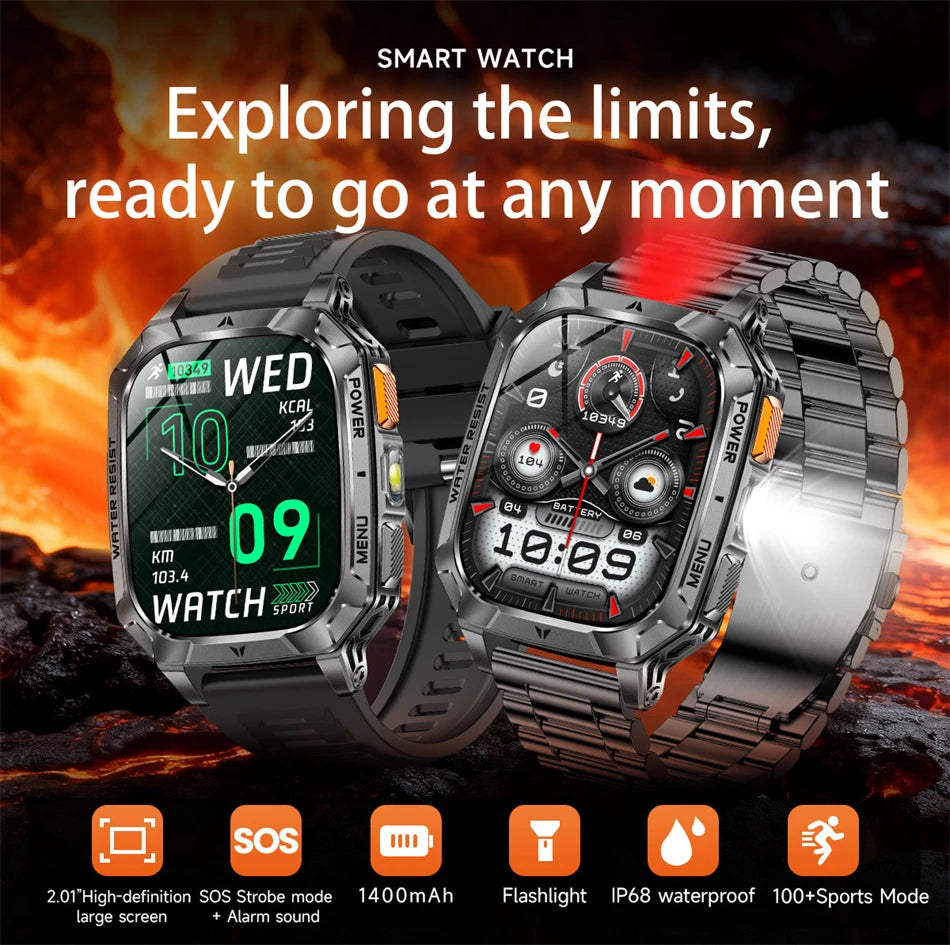 2026 New 2.01" AMOLED Screen Military Grade 1400 mAh Battery Smart Watch Men IP68 Waterproof Sports Fitness BT Call Smartwatches