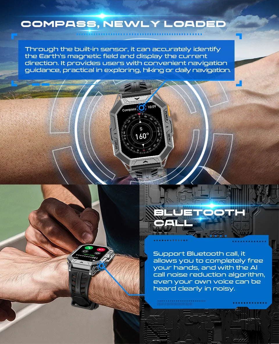 AMOLED Smart Watch Men 1000mAh Battery Calling Voice Assistant Health Monitor Compass 1ATM Waterproof Outdoor Sport Smartwatch