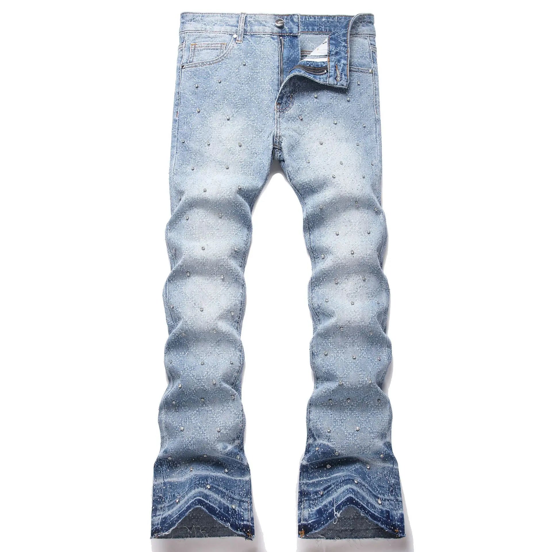 Denim Flare Pants Men Jeans Rhinestones Distressed Mid Waist Vintage Denims Male Washed Trousers Boot Cut 2026 Streetwear