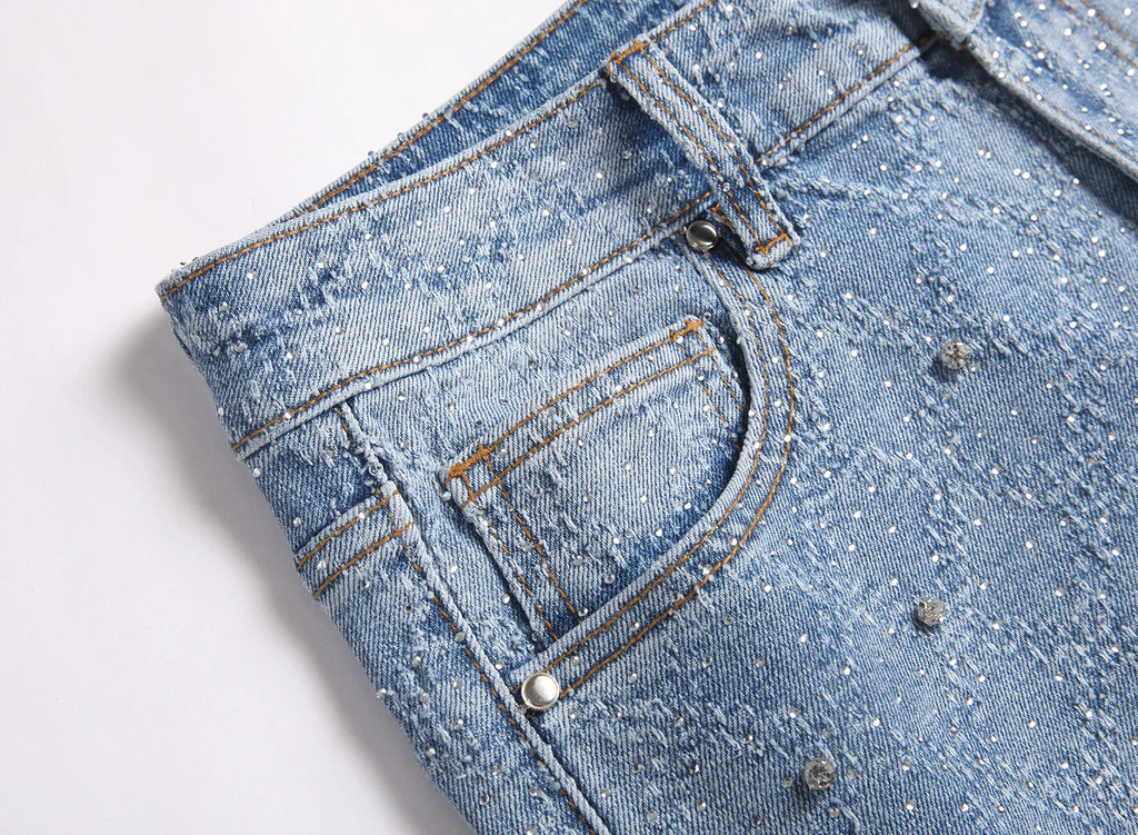 Denim Flare Pants Men Jeans Rhinestones Distressed Mid Waist Vintage Denims Male Washed Trousers Boot Cut 2026 Streetwear
