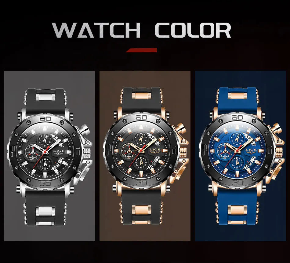 LIGE New Sport Chronograph Mens Watches Top Brand Luxury Full Steel Quartz Clock Waterproof Big Dial Watch Men Montre Homme+Box