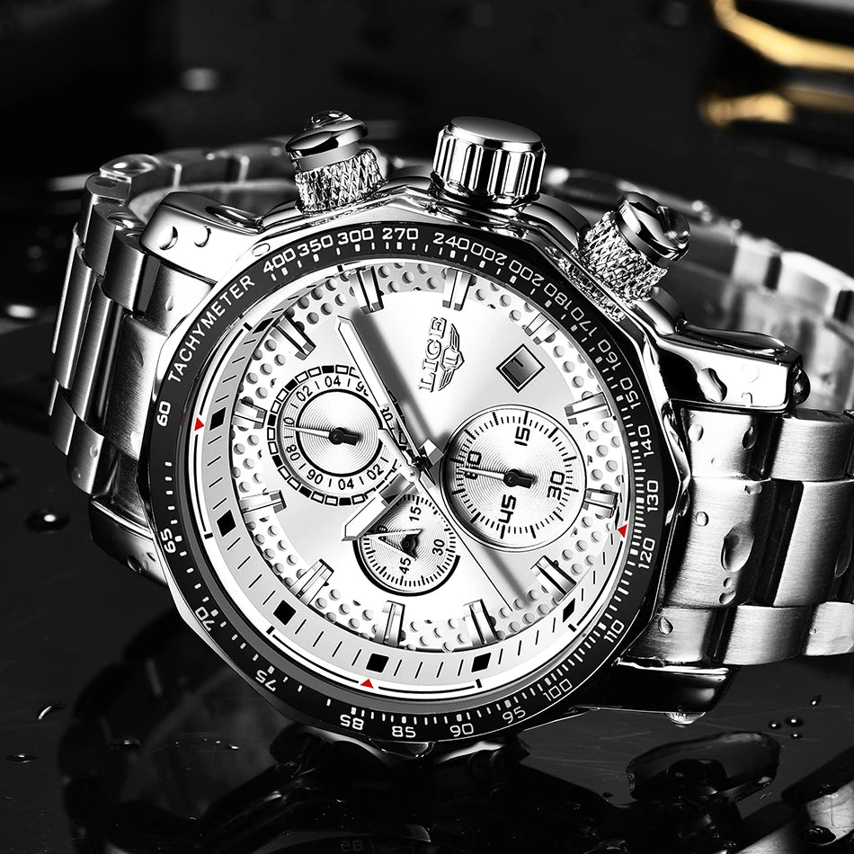 LIGE New Sport Chronograph Mens Watches Top Brand Luxury Full Steel Quartz Clock Waterproof Big Dial Watch Men Montre Homme