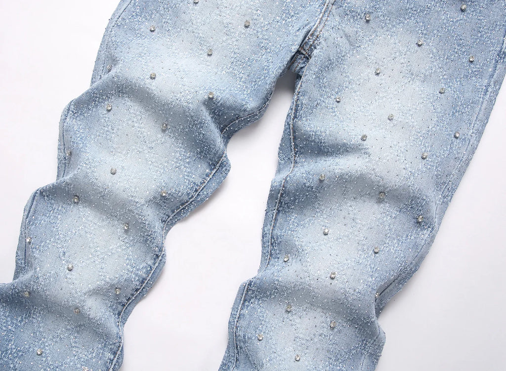 Denim Flare Pants Men Jeans Rhinestones Distressed Mid Waist Vintage Denims Male Washed Trousers Boot Cut 2026 Streetwear