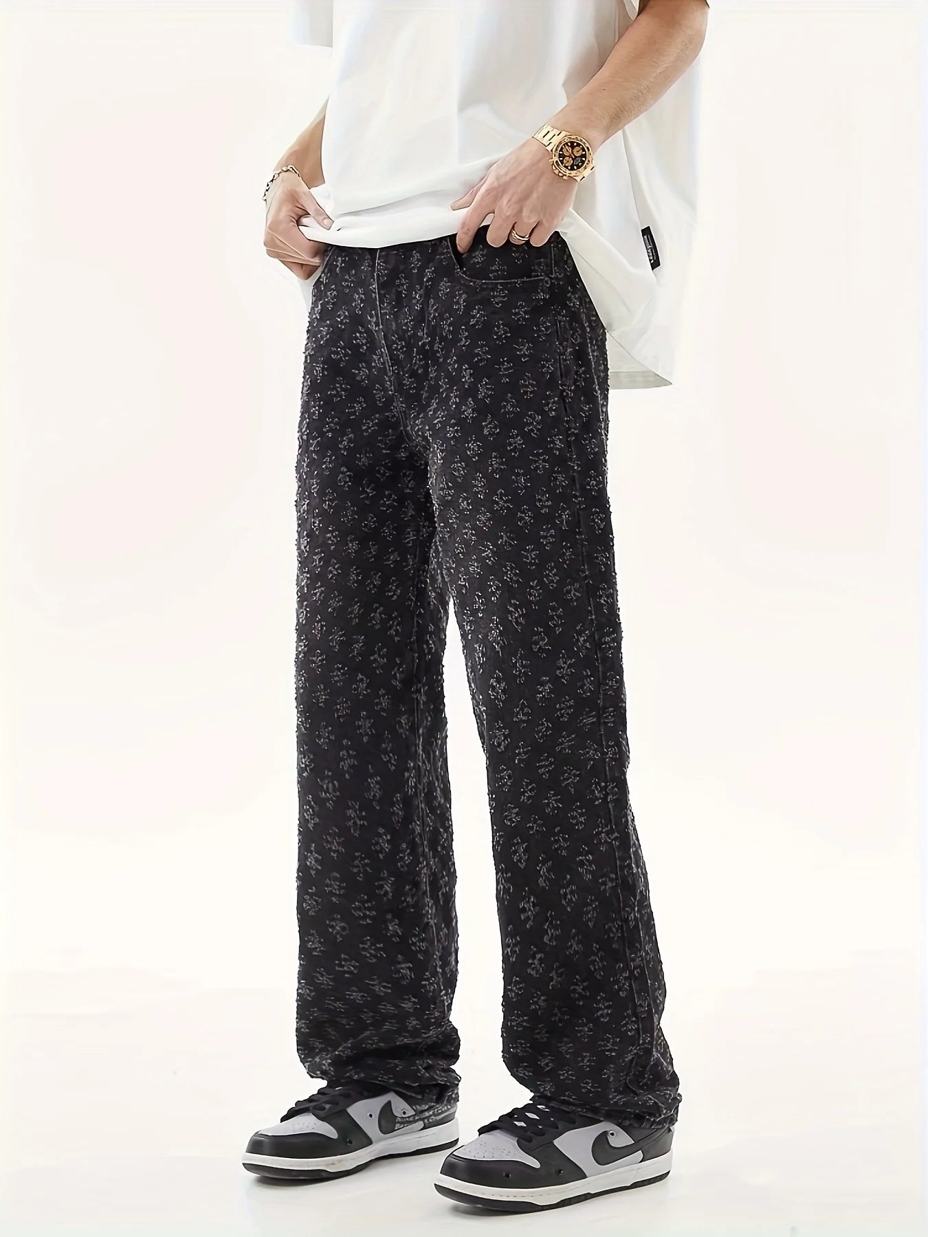 Men's Washed Jeans with Full Print, Summer American Retro Hip-Hop Trendy Brand, Cool Street Style Straight-Leg Flared Pants