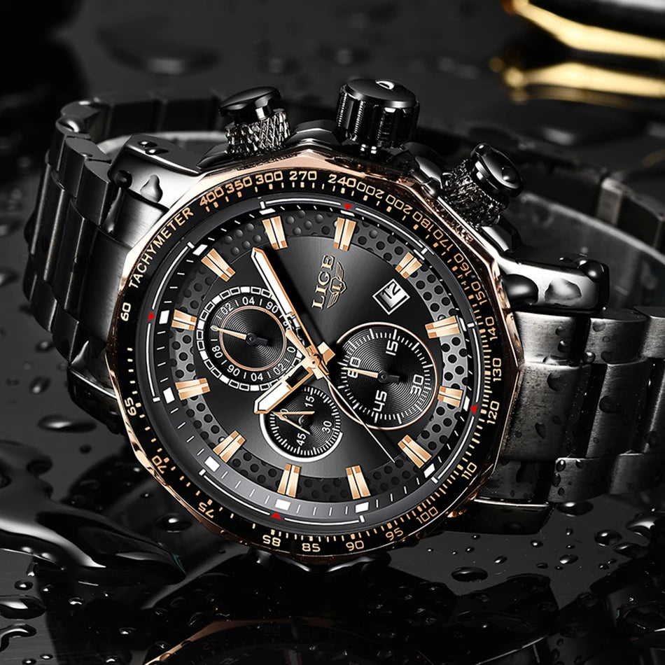 LIGE New Sport Chronograph Mens Watches Top Brand Luxury Full Steel Quartz Clock Waterproof Big Dial Watch Men Montre Homme
