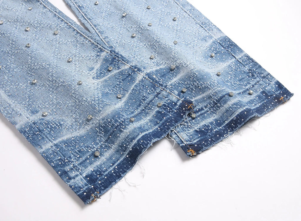 Denim Flare Pants Men Jeans Rhinestones Distressed Mid Waist Vintage Denims Male Washed Trousers Boot Cut 2026 Streetwear