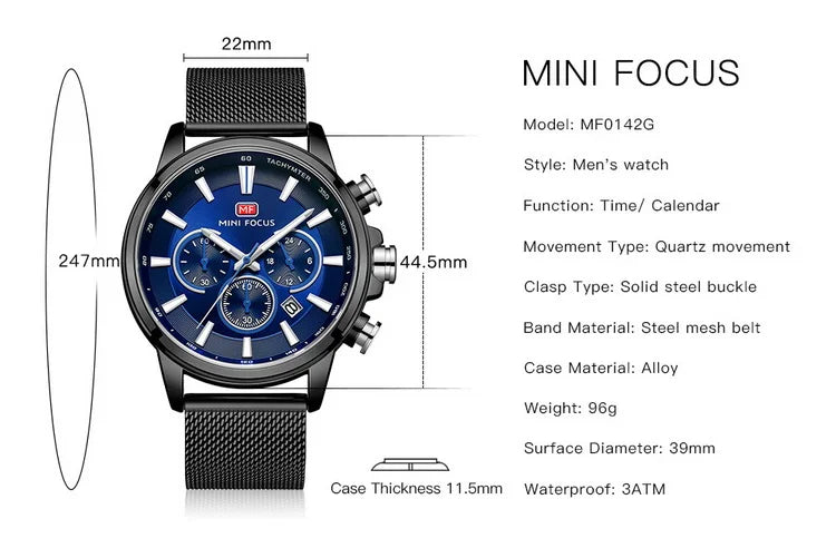 Three Sub-dials Six-hand Watch Waterproof Luminous Date Milane Montre De Luxe Homme Quartz Clock Mesh Strap Sports Watch MF0142G