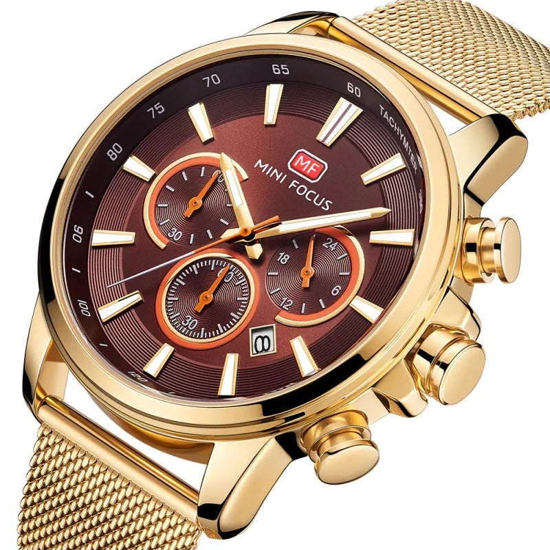 Three Sub-dials Six-hand Watch Waterproof Luminous Date Milane Montre De Luxe Homme Quartz Clock Mesh Strap Sports Watch MF0142G