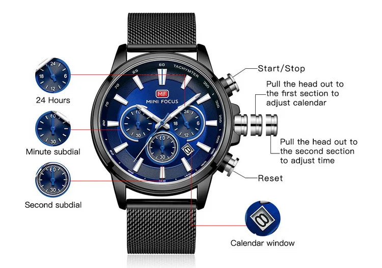 Three Sub-dials Six-hand Watch Waterproof Luminous Date Milane Montre De Luxe Homme Quartz Clock Mesh Strap Sports Watch MF0142G
