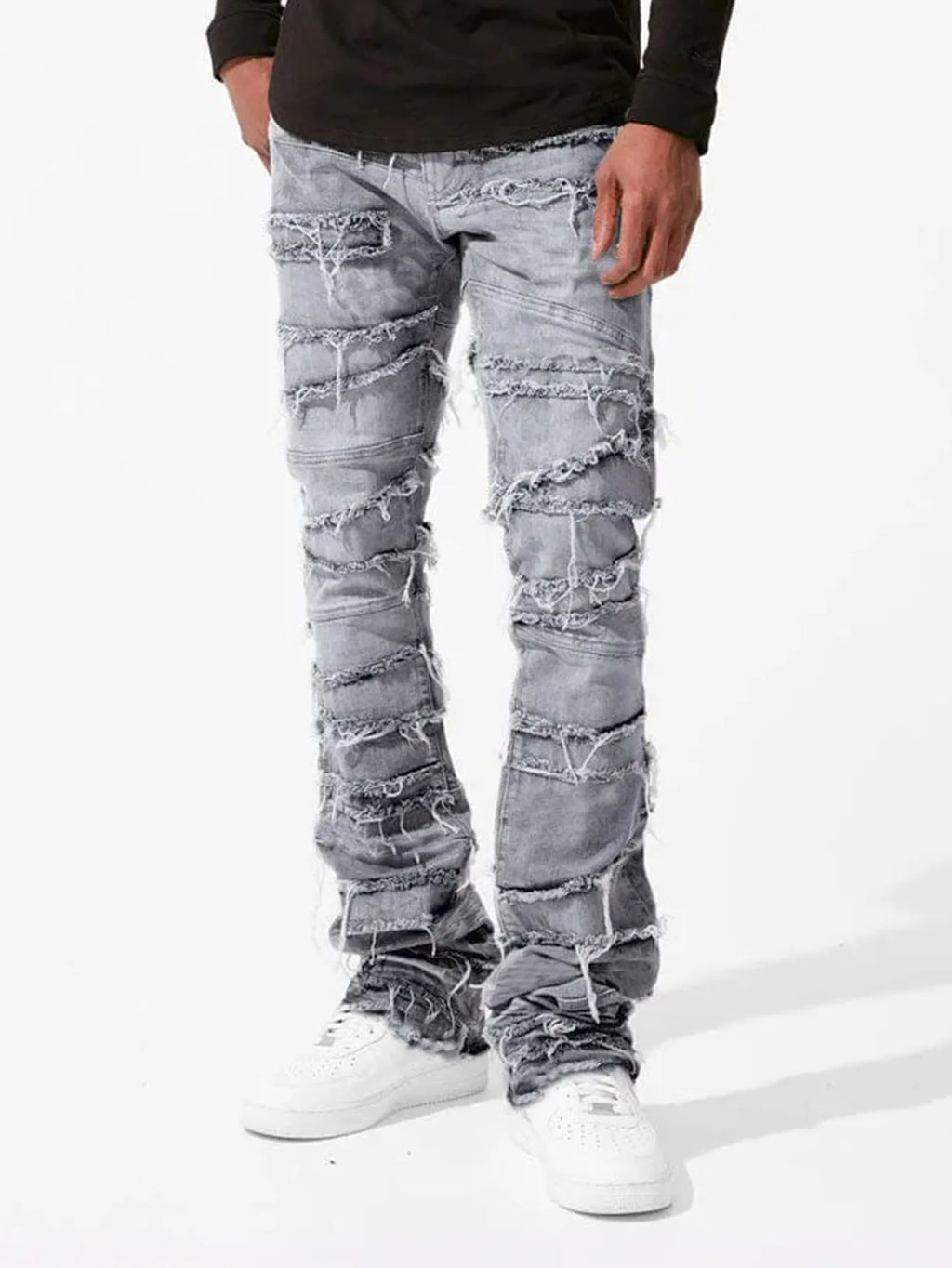2025 New Flared Jeans Men's Fit Stacked Jeans Ripped Slim Fit Patch Distressed Destroyed Denim Pants Hip Hop Streetwear Trouser