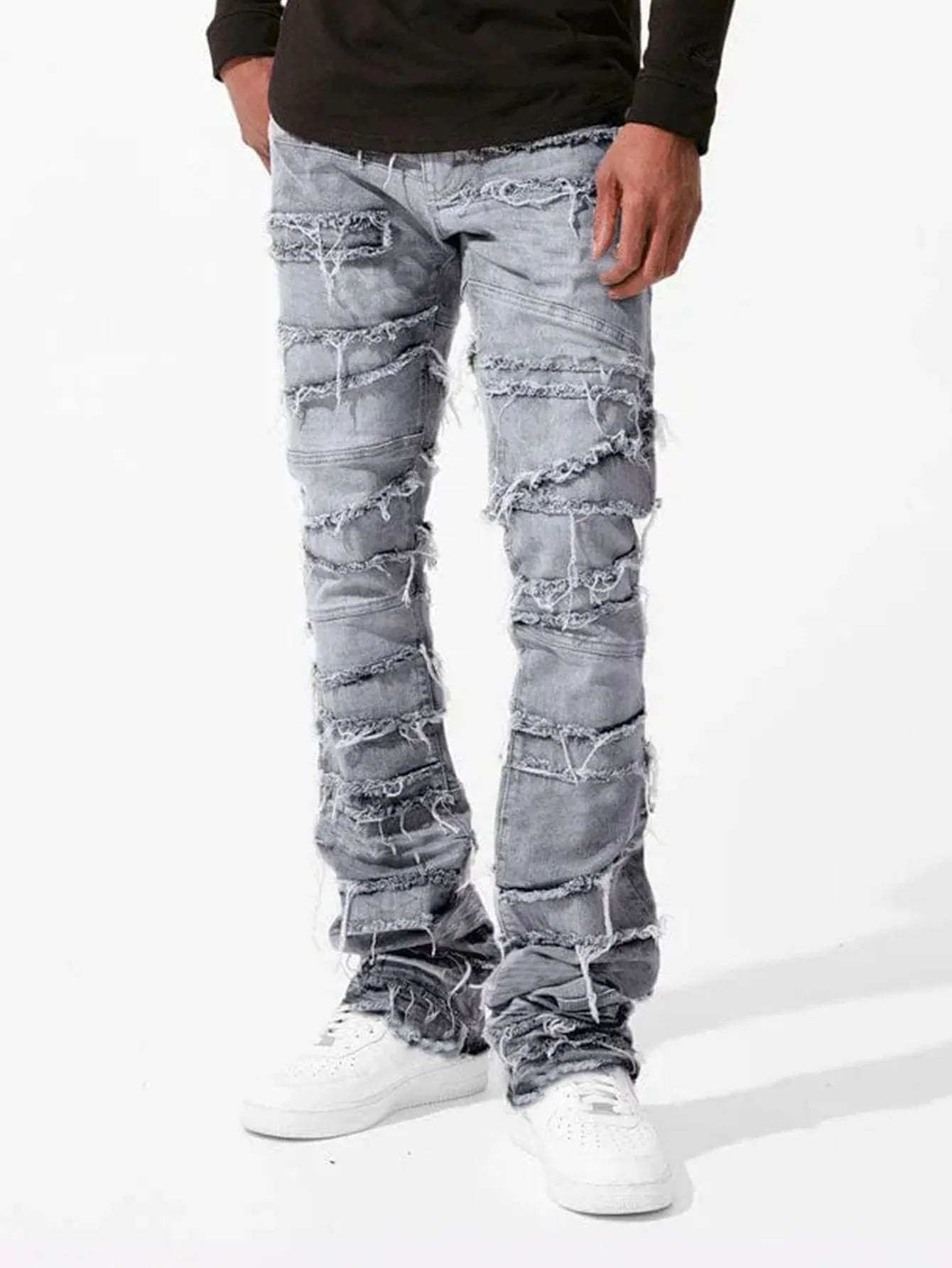 2025 New Flared Jeans Men's Fit Stacked Jeans Ripped Slim Fit Patch Distressed Destroyed Denim Pants Hip Hop Streetwear Trouser