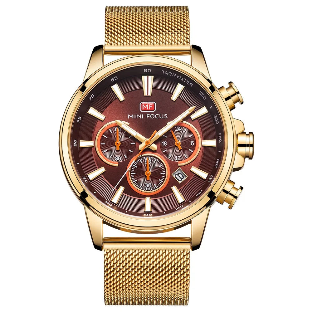Three Sub-dials Six-hand Watch Waterproof Luminous Date Milane Montre De Luxe Homme Quartz Clock Mesh Strap Sports Watch MF0142G