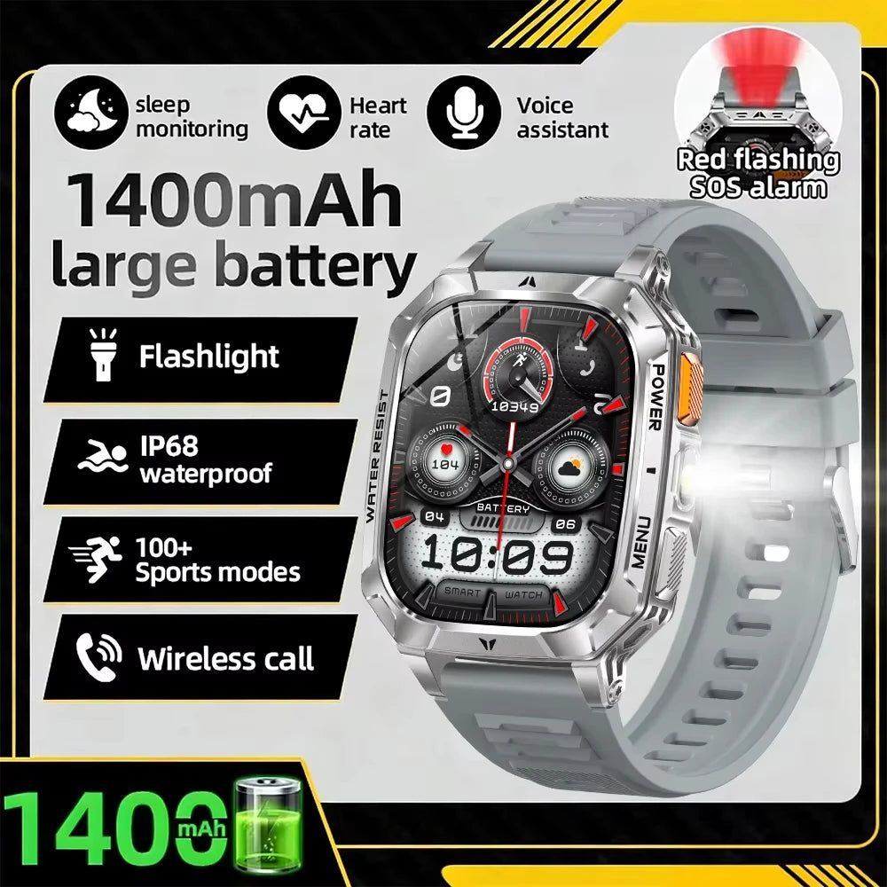 2026 New 2.01" AMOLED Screen Military Grade 1400 mAh Battery Smart Watch Men IP68 Waterproof Sports Fitness BT Call Smartwatches