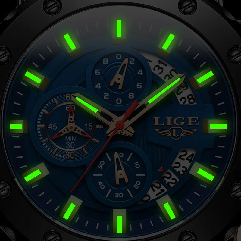 LIGE New Sport Chronograph Mens Watches Top Brand Luxury Full Steel Quartz Clock Waterproof Big Dial Watch Men Montre Homme+Box