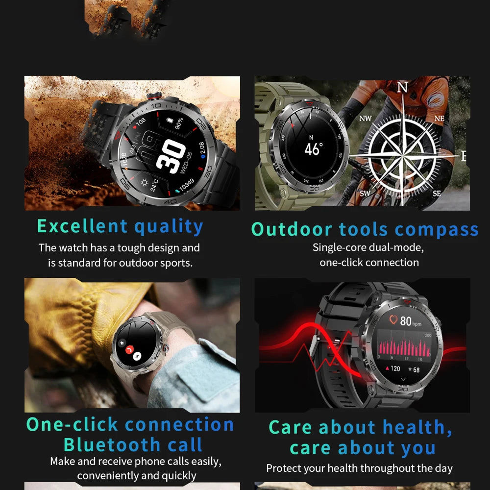1.43" AMOLED Screen Smart Watch Men Outdoor Sports Compass Watches Blue Tooth Call Health Monitoring IP68 Waterproof Smartwatch