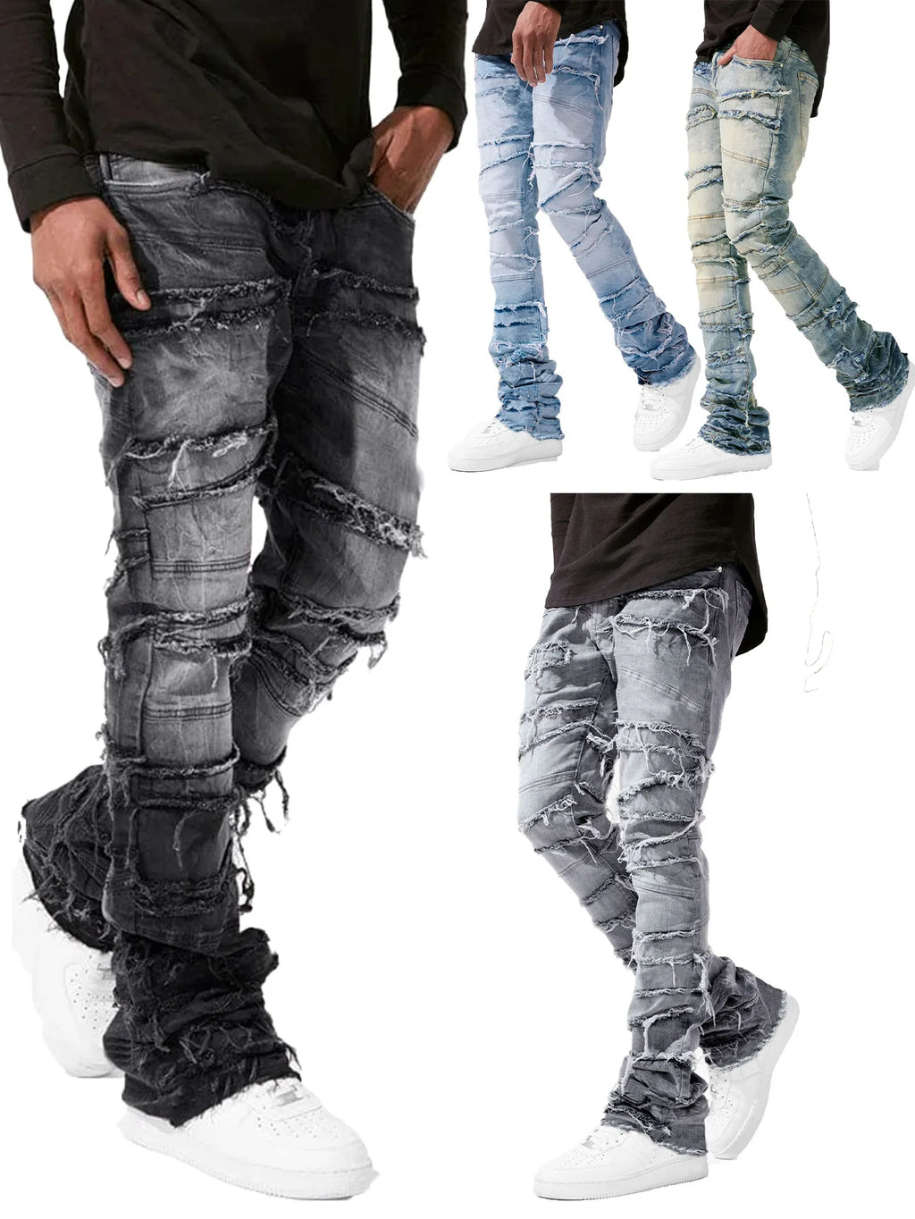 2025 New Flared Jeans Men's Fit Stacked Jeans Ripped Slim Fit Patch Distressed Destroyed Denim Pants Hip Hop Streetwear Trouser