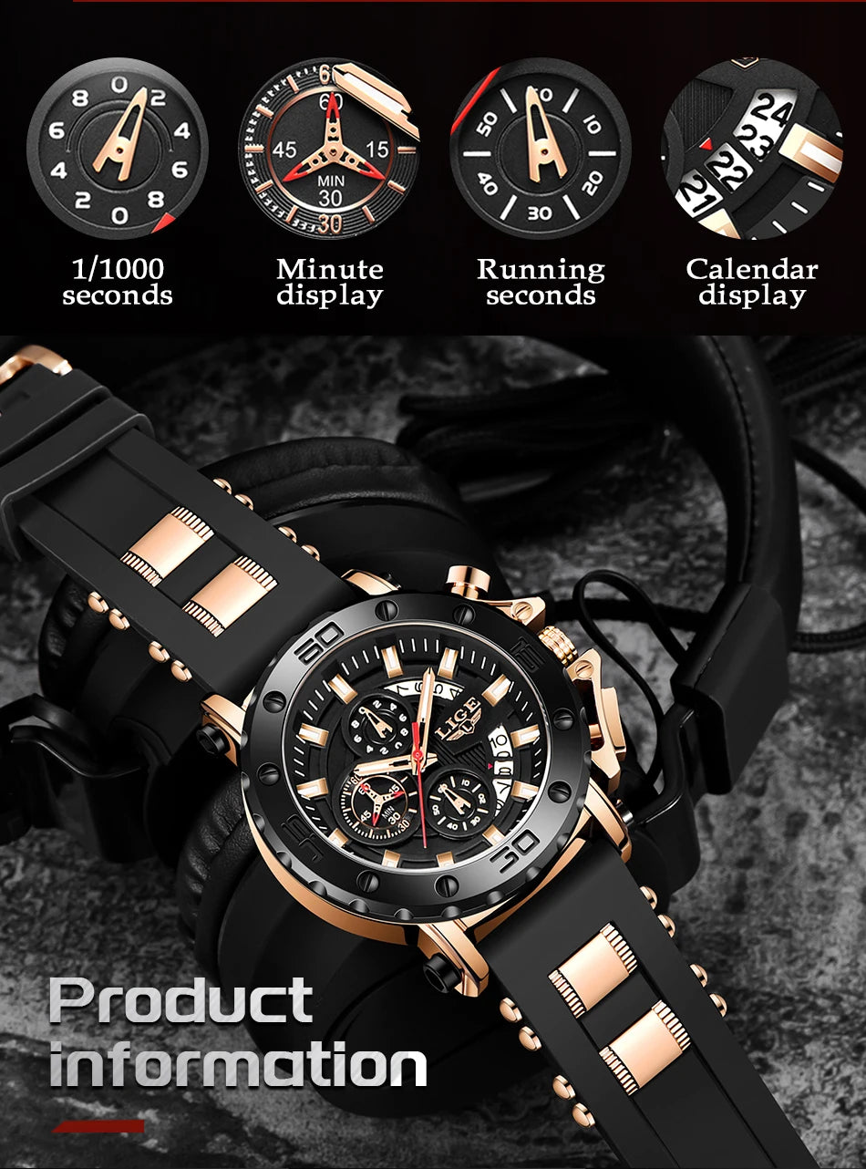 LIGE New Sport Chronograph Mens Watches Top Brand Luxury Full Steel Quartz Clock Waterproof Big Dial Watch Men Montre Homme+Box