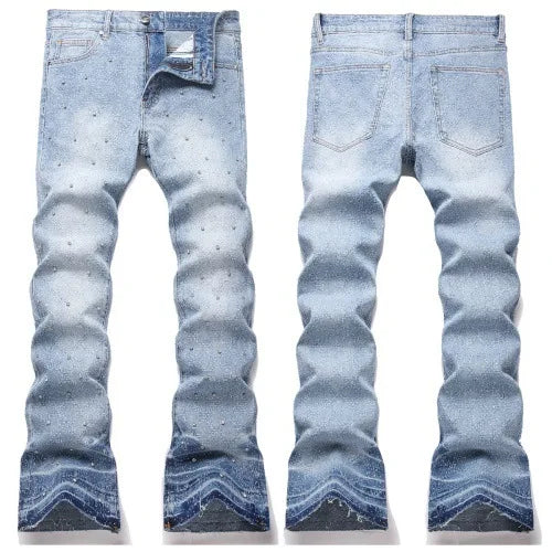 Denim Flare Pants Men Jeans Rhinestones Distressed Mid Waist Vintage Denims Male Washed Trousers Boot Cut 2026 Streetwear