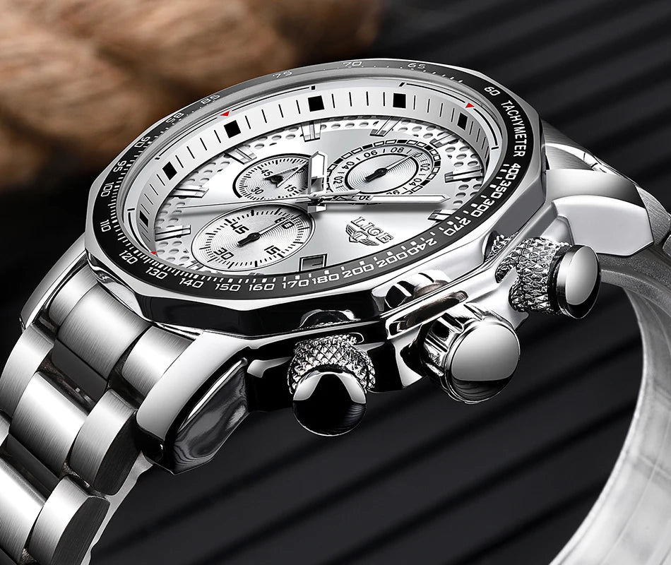 LIGE New Sport Chronograph Mens Watches Top Brand Luxury Full Steel Quartz Clock Waterproof Big Dial Watch Men Montre Homme
