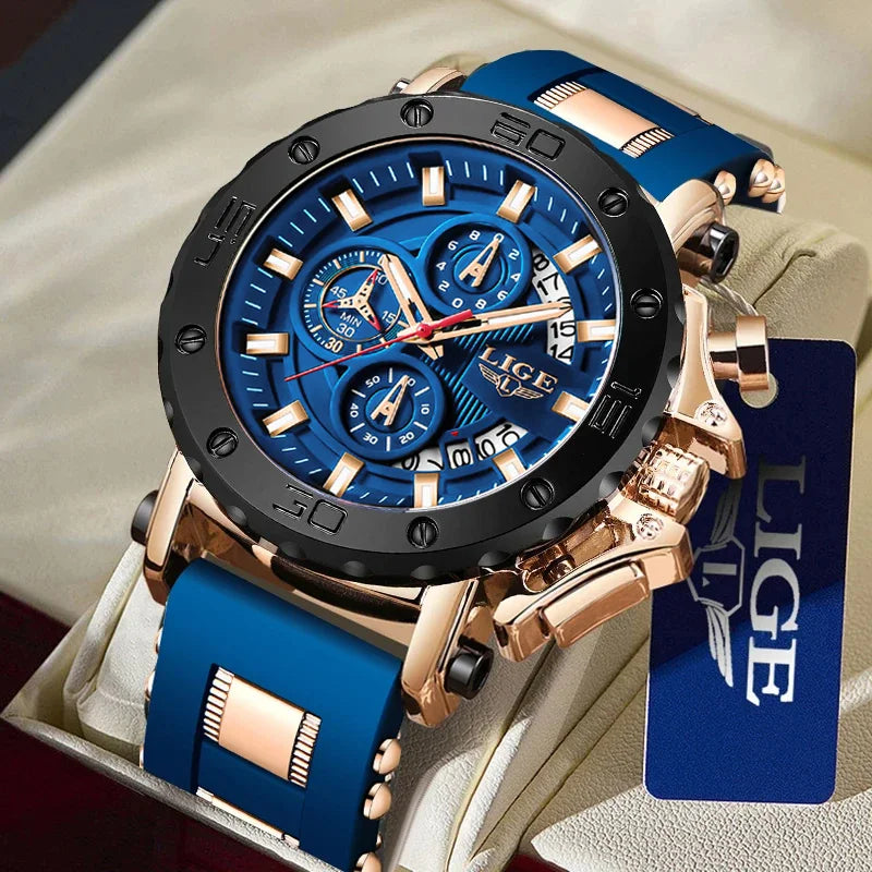LIGE New Sport Chronograph Mens Watches Top Brand Luxury Full Steel Quartz Clock Waterproof Big Dial Watch Men Montre Homme+Box