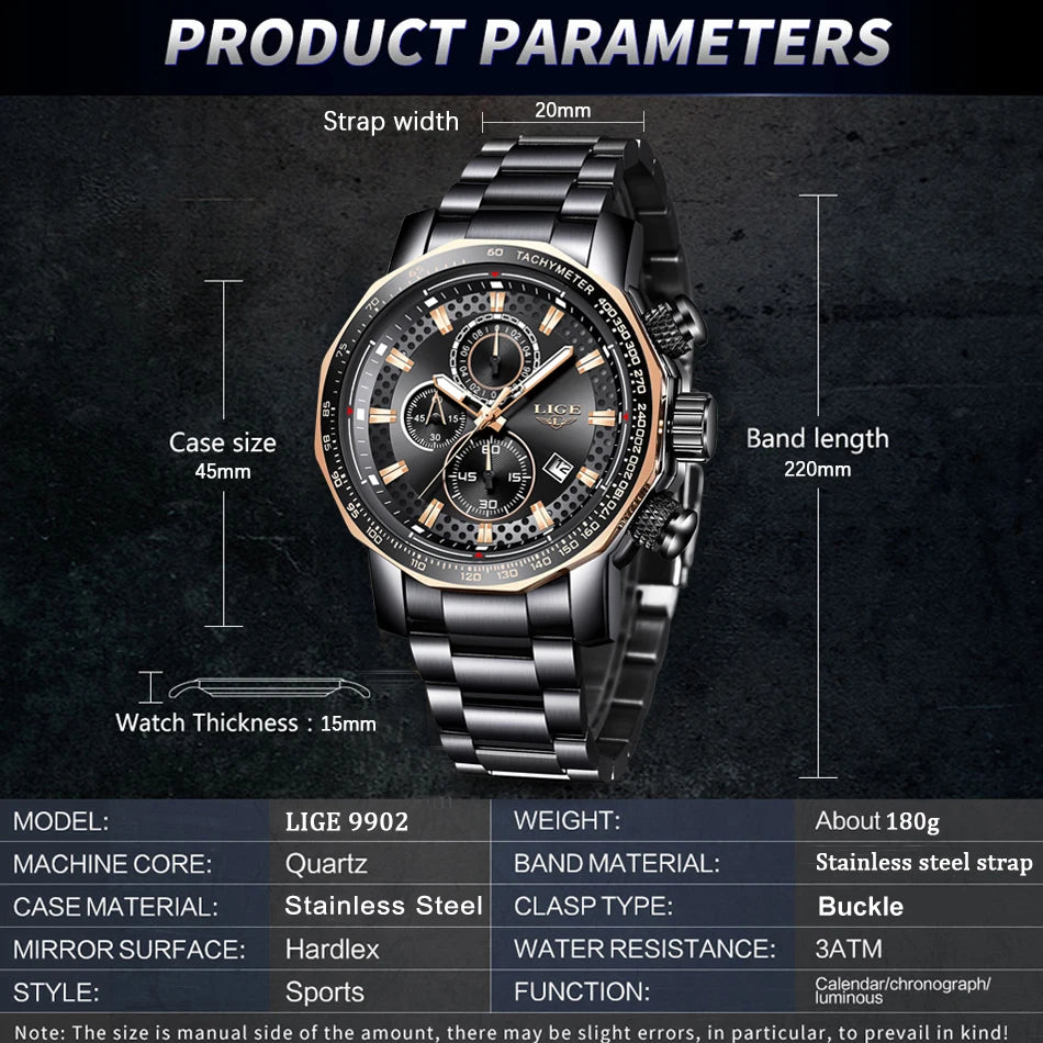 LIGE New Sport Chronograph Mens Watches Top Brand Luxury Full Steel Quartz Clock Waterproof Big Dial Watch Men Montre Homme