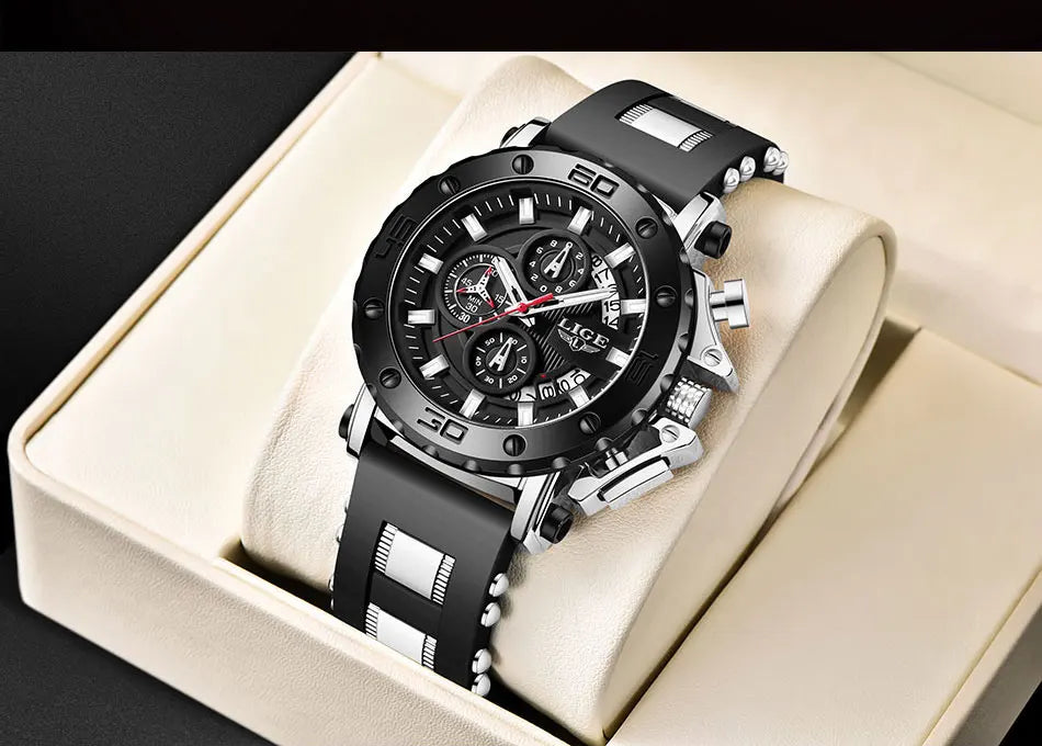 LIGE New Sport Chronograph Mens Watches Top Brand Luxury Full Steel Quartz Clock Waterproof Big Dial Watch Men Montre Homme+Box