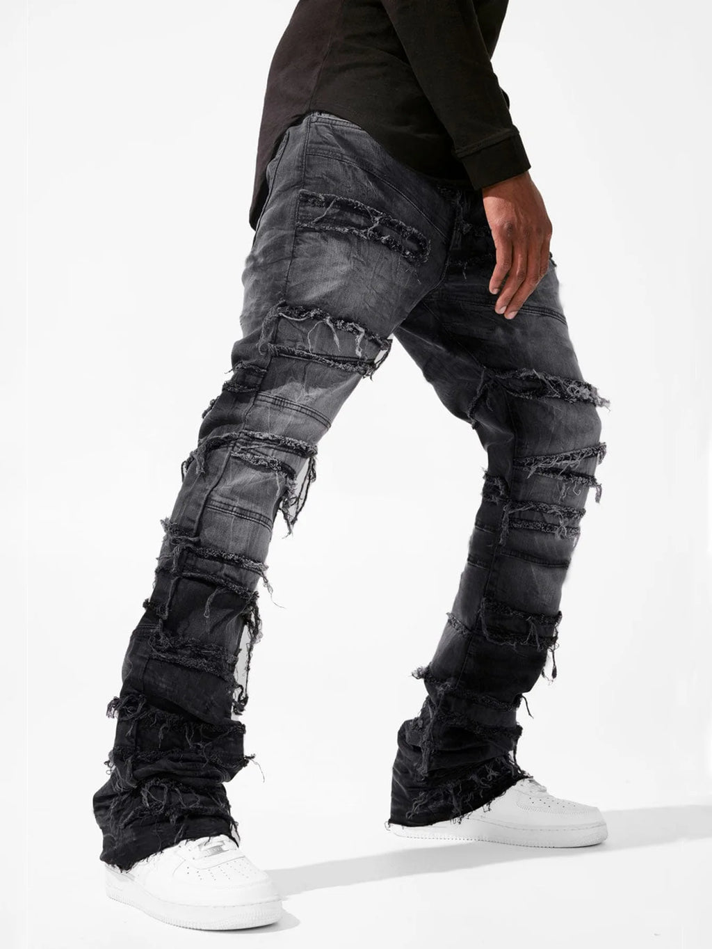 2025 New Flared Jeans Men's Fit Stacked Jeans Ripped Slim Fit Patch Distressed Destroyed Denim Pants Hip Hop Streetwear Trouser