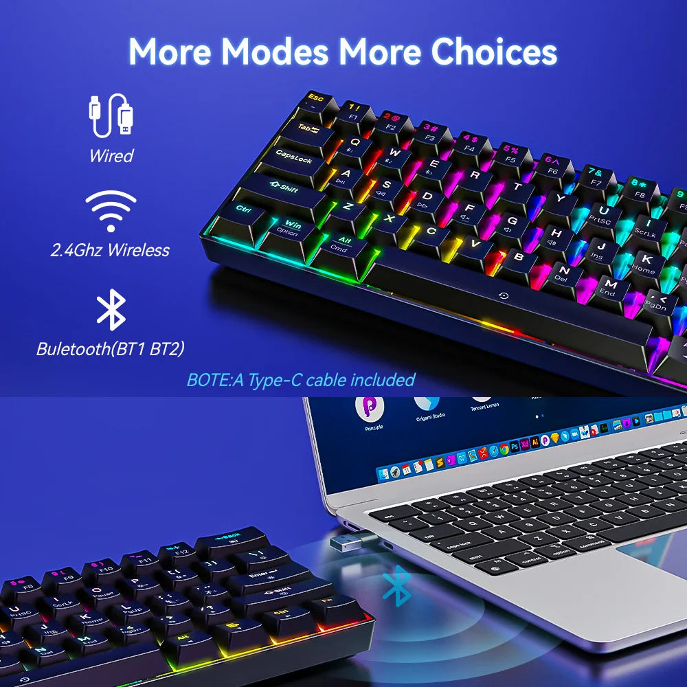 Bluetooth wireless mechanical keyboard 61 keys RGB gamer 60% 2.4G + wired gaming teclado para tablet clavier sans fil claviers