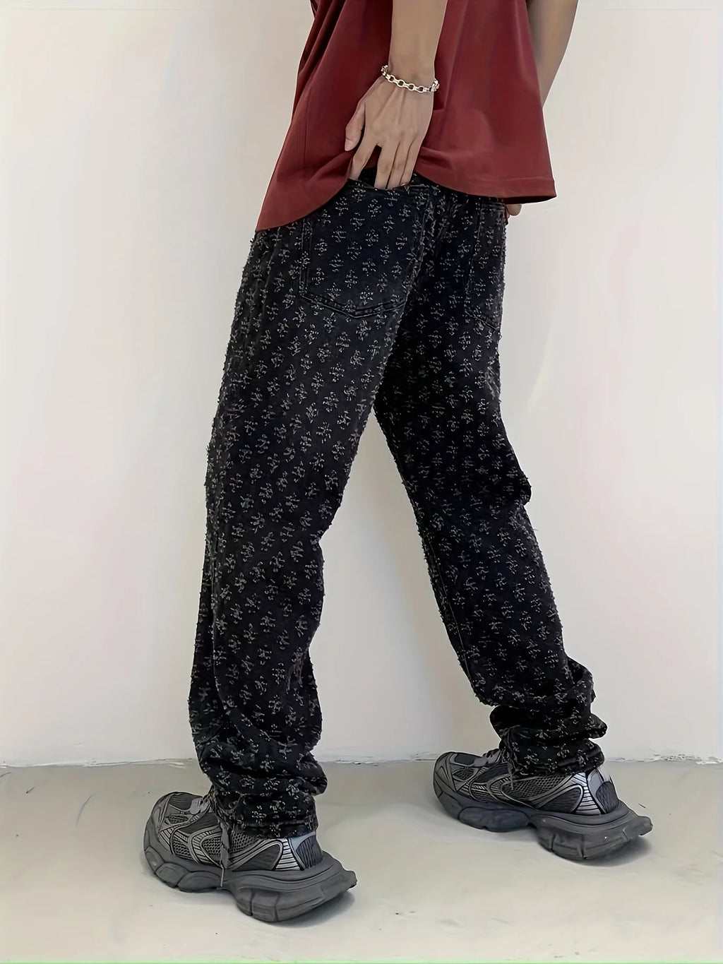 Men's Washed Jeans with Full Print, Summer American Retro Hip-Hop Trendy Brand, Cool Street Style Straight-Leg Flared Pants