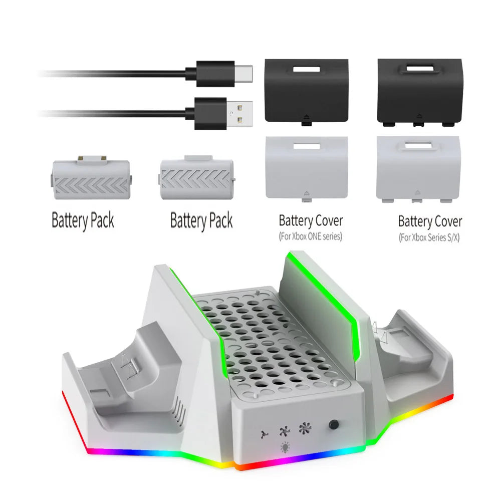 Multifunctional Charging Base for XBOX S with Cooling Fans+Dual Controller Charging,RGB Ambient Lighting.Console Cooling Stand