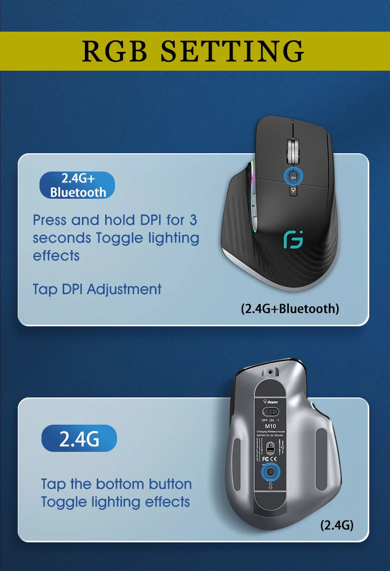 Wireless Gaming Mouse Ergonomic Bluetooth for Laptop Silence USB-C RGB Rechargeable 5 DPI 9 Multi Button for Computer PC Tablet