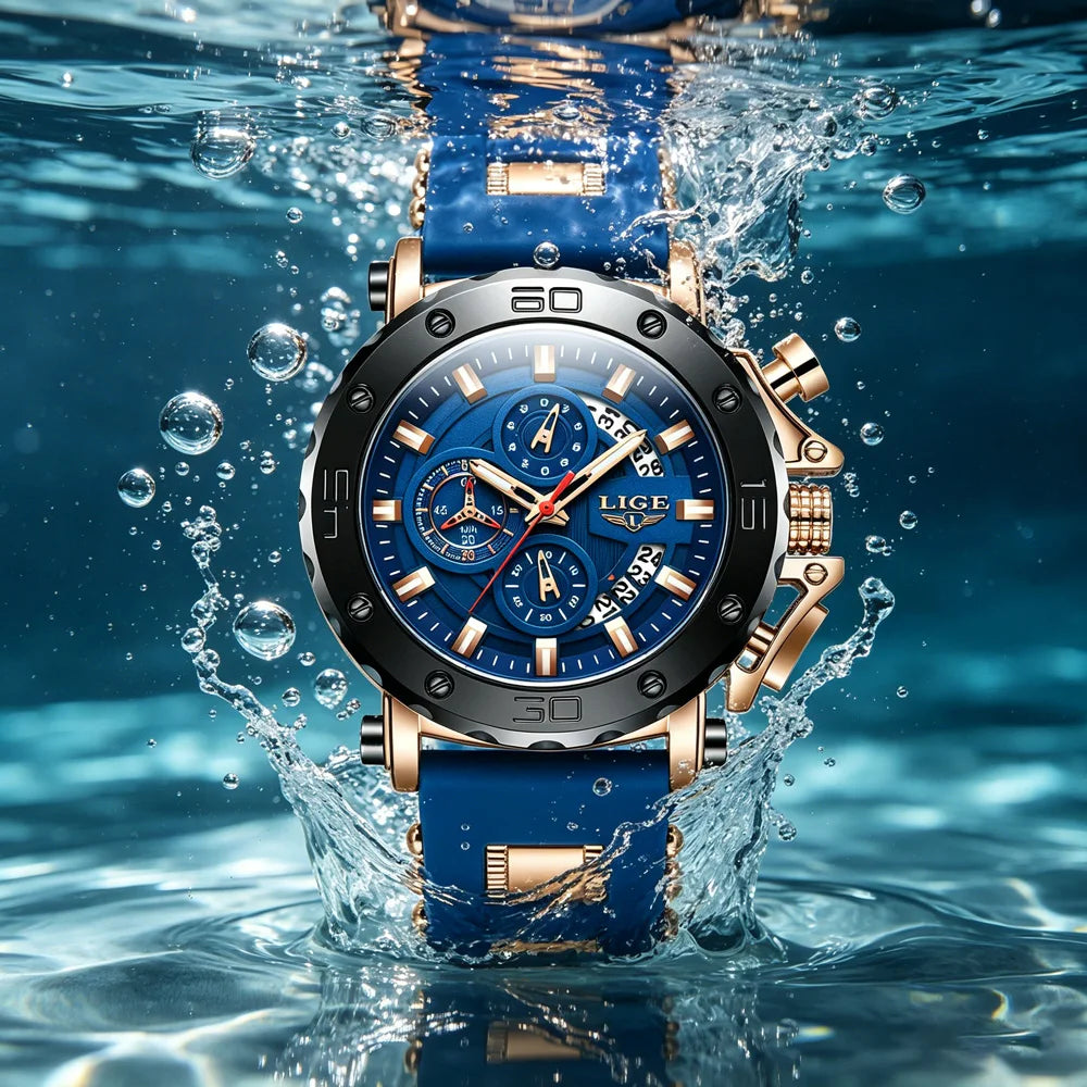 LIGE New Sport Chronograph Mens Watches Top Brand Luxury Full Steel Quartz Clock Waterproof Big Dial Watch Men Montre Homme+Box
